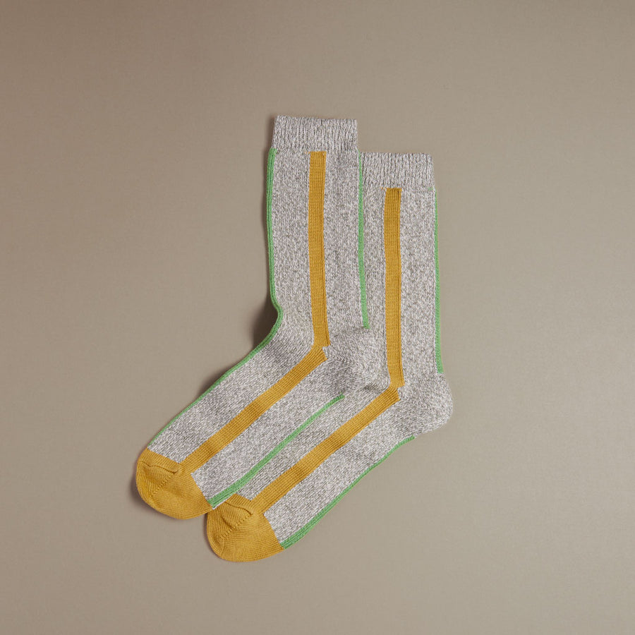 Mens Organic Cotton Stripe socks in grey, yellow and green. British Made.