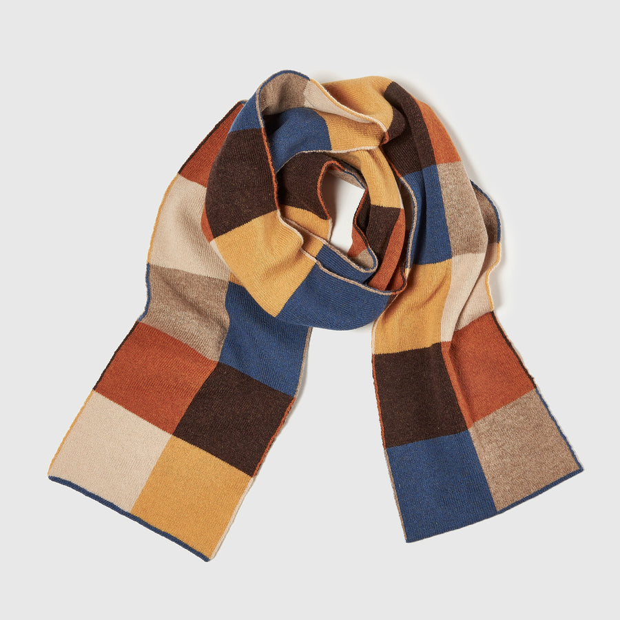 Unisex British Made Merino Wool scarf in Blue, yellow, brown, ruse and cream