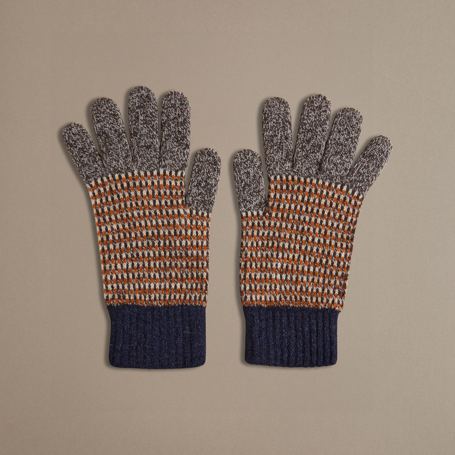British Made 100% Wool Marl Gloves in Brown & Navy