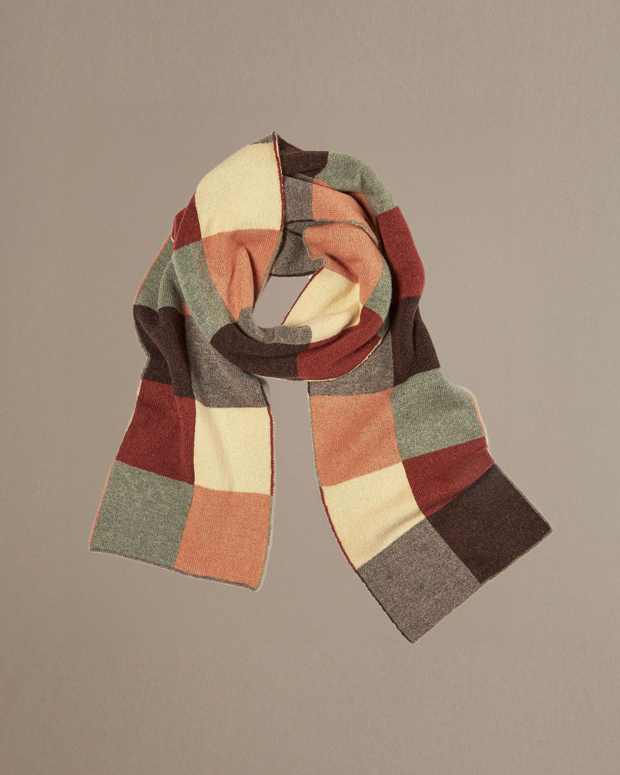 Wool chequerboard scarf in rust and brown mens and womens