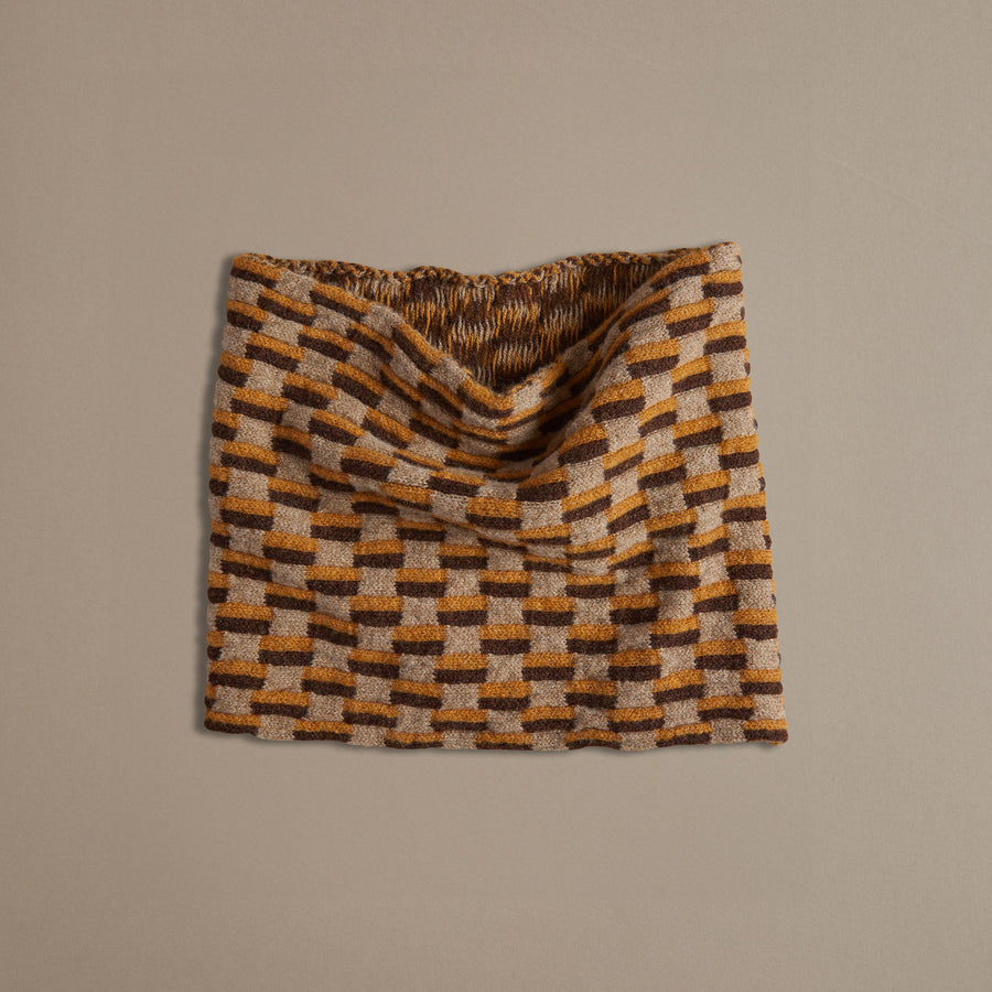 British Made 100% Lambs Wool Unisex Cowl Scarf in Mustard, Brown and Natural