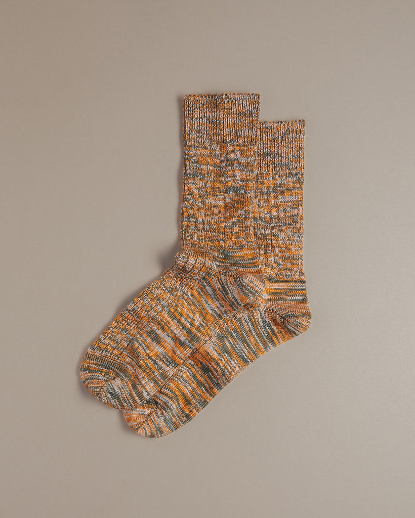 Orange and blue fleck wool boot socks made in UK