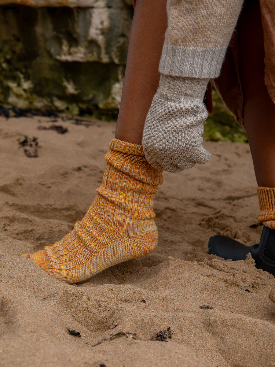 Model British made Wool Faltering Stripe Socks in Sherbert
