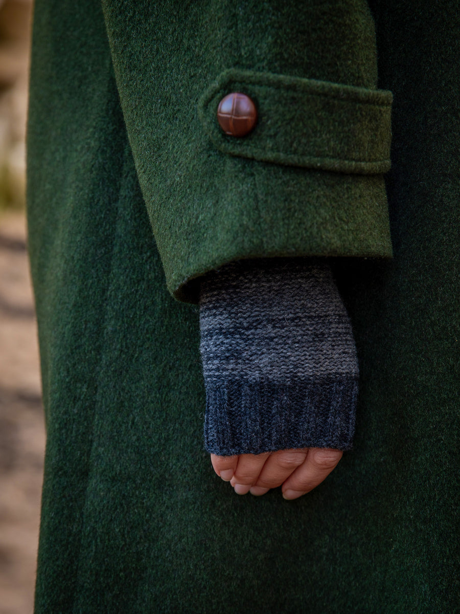 Model wears British Made Womens Purl Stitch Wrist Warmers in Charcoal 