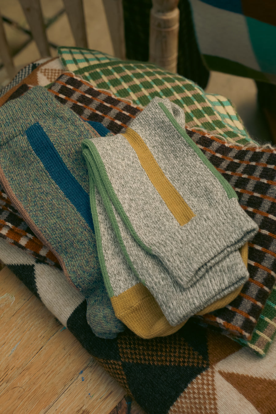 Organic Cotton Stripe socks in grey, yellow and green. British Made.