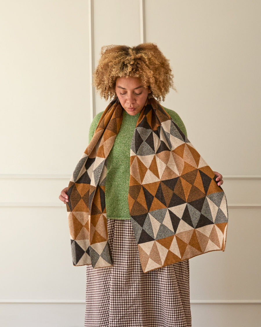 Soft geelong wool scarf in patchwork pattern tobacco and brown