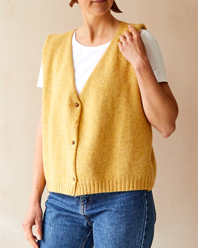British Handmade Wool loose button-up Vest in Harvest Yellow