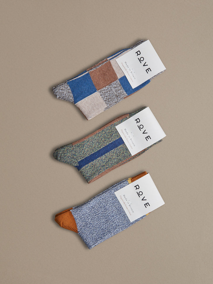 Organic cotton socks in blue, grey and brown marl
